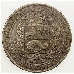 PERU: Republic, AR 5 pesetas, 1880, KM-201.1, no dot after B on reverse, Choice VF.