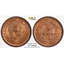 PORTUGAL: Carlos I, 1889-1908, AE 5 reis, 1906, KM-530, PCGS graded MS65 RD.