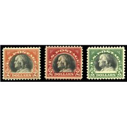1918, $2 orange red & black, also $5 deep green & black and 1920, $2 carmine & black. F-VF