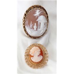 Collection of 2 Cameo Yellow Gold Brooches