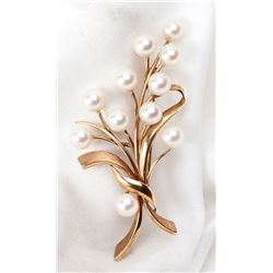 Cultured Pearl, 14K Yellow Gold Floral Brooch