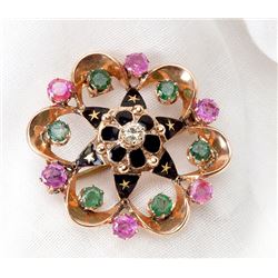 Diamond, Emerald, Ruby, Black Enamel Brooch