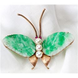 Jadeite, Cultured Pearl, Red Stone, 14K Yellow Gold Butterfly Brooch