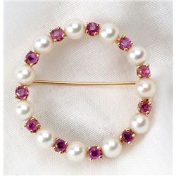 Pearl, Ruby, 14K Yellow Gold Circle Brooch