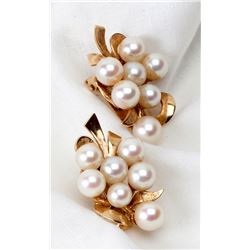 Pair of Cultured Pearl, 14K Yellow Gold Floral Design Earrings