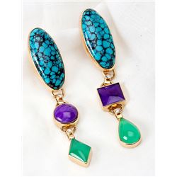 Pair of Custom Made Turquoise, Purple Stone, Green Stone, Diamond, 14K Yellow Gold Drop Earrings