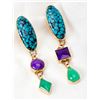 Image 1 : Pair of Custom Made Turquoise, Purple Stone, Green Stone, Diamond, 14K Yellow Gold Drop Earrings
