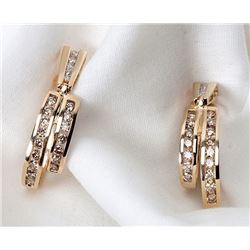 Pair of Diamond, 14K Yellow Gold Hoop Drop Earrings