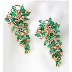 Pair of Emerald, Diamond, 14K Yellow Gold Drop Style Earrings