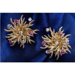 Pair of Ruby, Diamond, 18K Yellow Gold Earrings