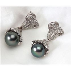Pair of Tahitian Black Pearl, Diamond, 14K White Gold Drop Style Earrings