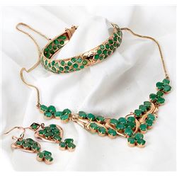 Emerald, 10K Yellow Gold Bracelet, Necklace & Earrings Suite