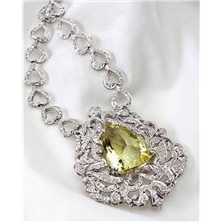 Elaborate Lemon Topaz, Diamond, 18K White Gold Necklace