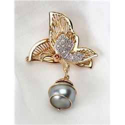 Pearl, Diamond, 14K Yellow Gold Butterfly Pendant/Brooch