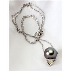 Tahitian Black Pearl, Diamond, 18K & 14K White Gold Pendant & Chain