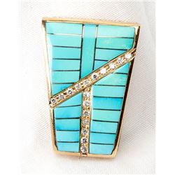 Turquoise, Diamond, 18K Yellow Gold Slide Pendant