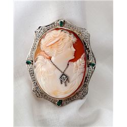 Carved Cameo, Diamond, Green Stone, 14K White Gold Brooch/Pendant