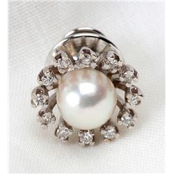 Cultured Pearl, Diamond, 14K White Gold Tie Pin