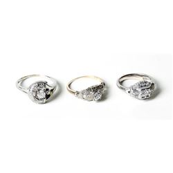Collection of 3 Lady's Art Deco Diamond, Platinum, 14K Gold Rings