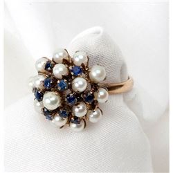 Lady's Cultured Pearl, Sapphire, 9K Yellow Gold Ring