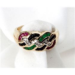 Lady's Emerald, Ruby, Sapphire, Diamond, 14K Yellow Gold Band Ring