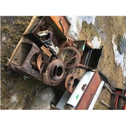 LARGE LOT OF STOVE PARTS AND SADIRONS, ETC.