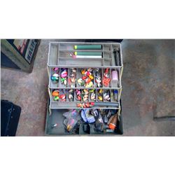 Tackle Box w/ Assorted Hooks & Line (Broken Latch)
