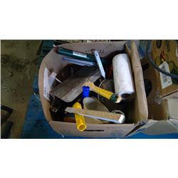 BOX OF ASSORTED ITEMS - FUNNEL, WIRE BRUSH, PAINT SUPPLIES, ETC.