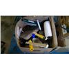 Image 1 : BOX OF ASSORTED ITEMS - FUNNEL, WIRE BRUSH, PAINT SUPPLIES, ETC.