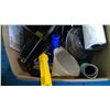 Image 3 : BOX OF ASSORTED ITEMS - FUNNEL, WIRE BRUSH, PAINT SUPPLIES, ETC.