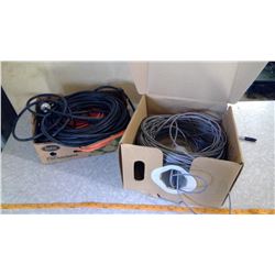 LOT OF EXTENSION CORDS AND BOX OF CABLE