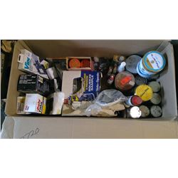 BOX OF ASSORTED ITEMS - EXPOXY ENAMEL, CIGARETTE TINS, WD40, ETC.