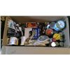 Image 1 : BOX OF ASSORTED ITEMS - EXPOXY ENAMEL, CIGARETTE TINS, WD40, ETC.