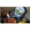 Image 4 : BOX OF ASSORTED ITEMS - EXPOXY ENAMEL, CIGARETTE TINS, WD40, ETC.