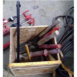 BOX OF ASSORTED TOOLS - CLIPPERS, HAMMERS, ETC.