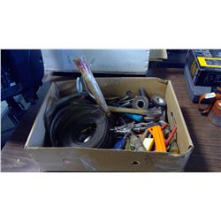 BOX OF ASSORTED ITEMS - HAMMERS, WRENCHES, SCREWDRIVERS, ETC.