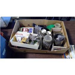 BOX OF ASSORTED NUTS, BOLTS, HINGES, ETC.