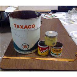 TEXACO PAIL AND THREE CIGARETTE TINS