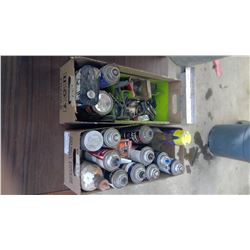 TIRE REPAIR SUPPLIES + ASSORTED AEROSOL CANS W/ SOLVANTS & GREASES