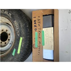 TWO TRUCK MIRRORS (1 NEW, 1 USED) & 245-75-16 TIRE