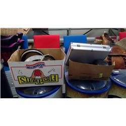 BOX OF ASSORTED ITEMS - MIRROR EXTENDERS, SMALL SOCKET SET, CHIMNEY PARTS, ETC.