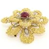 Image 3 : Vintage French 18K TT Gold 4.27 ctw Diamonds & Ruby Textured Flower Burst Brooch