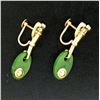 Image 5 : Estate 14kt Yellow Gold Oval Disk Jade Screw On Drop Dangle Earrings