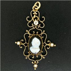 Antique Victorian 14kt Yellow Gold Cameo and Diamond Open Work Locket Pendant