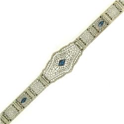 Antique Art Deco 10k White Gold 7  Wide Marquise Filigree & Sapphire Bracelet