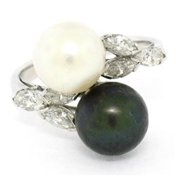 Solid Platinum Tahitian Black White Pearl Marquise Diamond Bypass Cocktail Ring