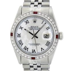 Rolex Mens Stainless Steel Silver MOP Roman 36MM Diamond & Ruby Datejust Wristwa