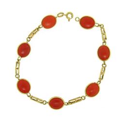 18k Yellow Gold 7 Oval Bezel Set Matched RARE Red Coral Link Bracelet