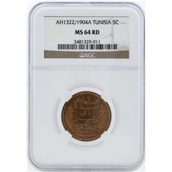 AH1322/1904A Tunisia 5 Centimes Coin NGC MS64RD