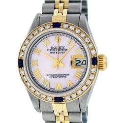 Rolex Ladies 2 Tone Pink Mother Of Pearl Roman & Sapphire Datejust Wristwatch